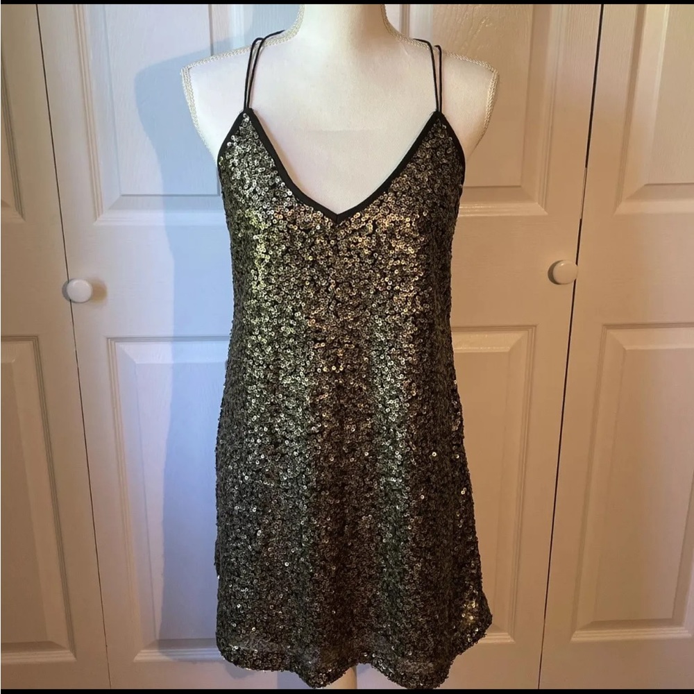 Abercrombie & Fitch Dress Sequin Small Womens Black Gold Slip NWT Mini